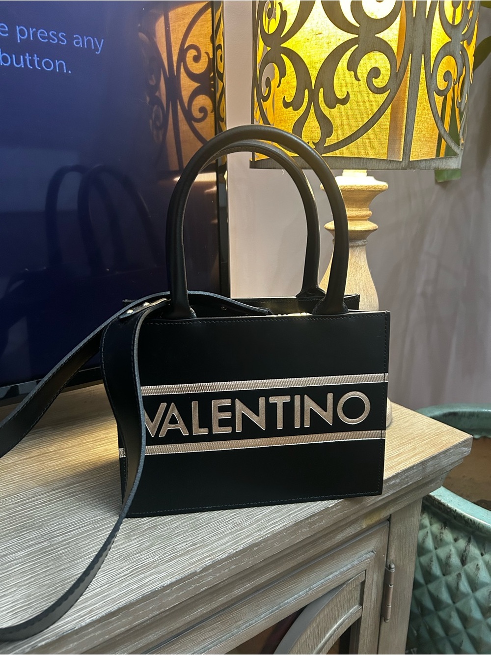 Valentino Black Tote with Contrast Logo Stripe leather made in Italy